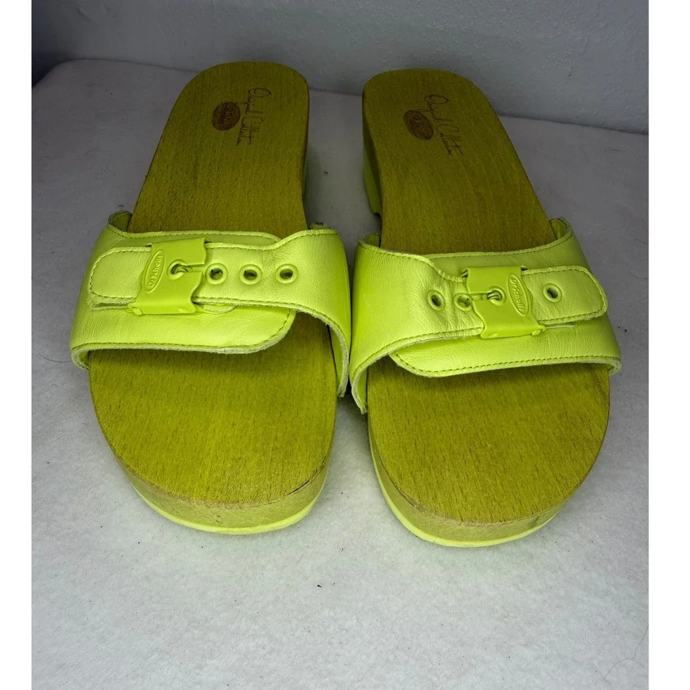 Dr. Scholl's Original Sandals Women 9 Neon Lime Green Leather Wood Clog Boho Y2K